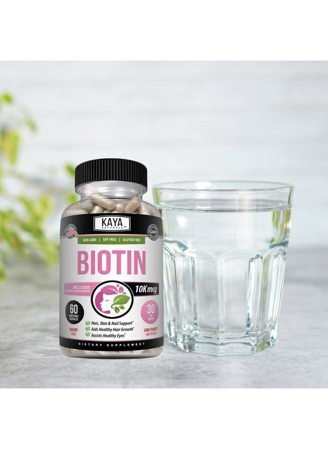 Kaya Naturals - Biotin 10,000mcg Hair Growth Vitamins - Strong Nails, Healthy Skin Supplement for Women and Men - Healthier Hair & Skin - 60 Count - Image 1