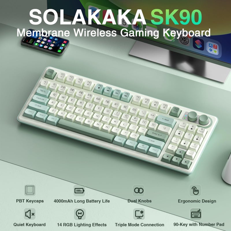 CORBOBO SOLAKAKA SK90-75% Wireless Keyboard, Cute Creamy Gaming Keyboard with Number Pad, Tri-Mode BT5.0/2.4G/USB-C, Media Knob, RGB Backlit, Quiet Keys Silent Office Keyboards for PC MAC - Image 2