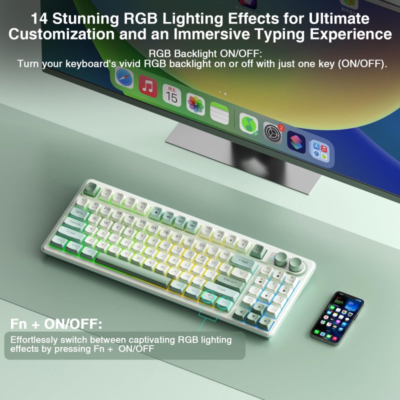 CORBOBO SOLAKAKA SK90-75% Wireless Keyboard, Cute Creamy Gaming Keyboard with Number Pad, Tri-Mode BT5.0/2.4G/USB-C, Media Knob, RGB Backlit, Quiet Keys Silent Office Keyboards for PC MAC - Image 5