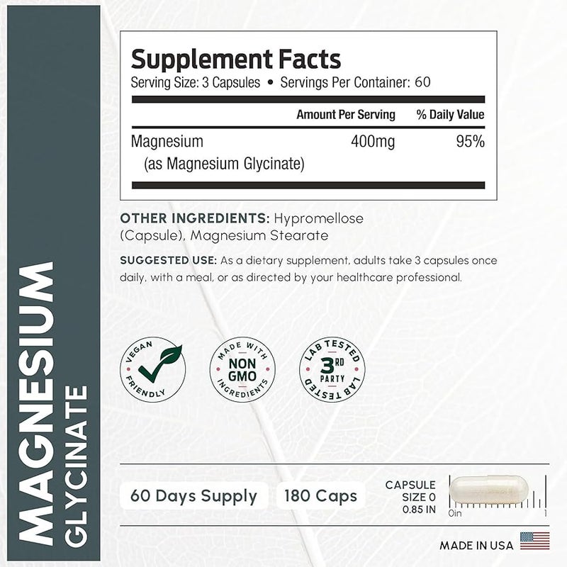 ForestLeaf Pure Magnesium Glycinate 400mg Serving - High Absorption Magnesium Glycinate - Mag Bisglycinate for Stress, Bones, Muscles, Nerves, Relaxation & Heart Health, Non GMO & Gluten Free - 180 Capsules - Image 3