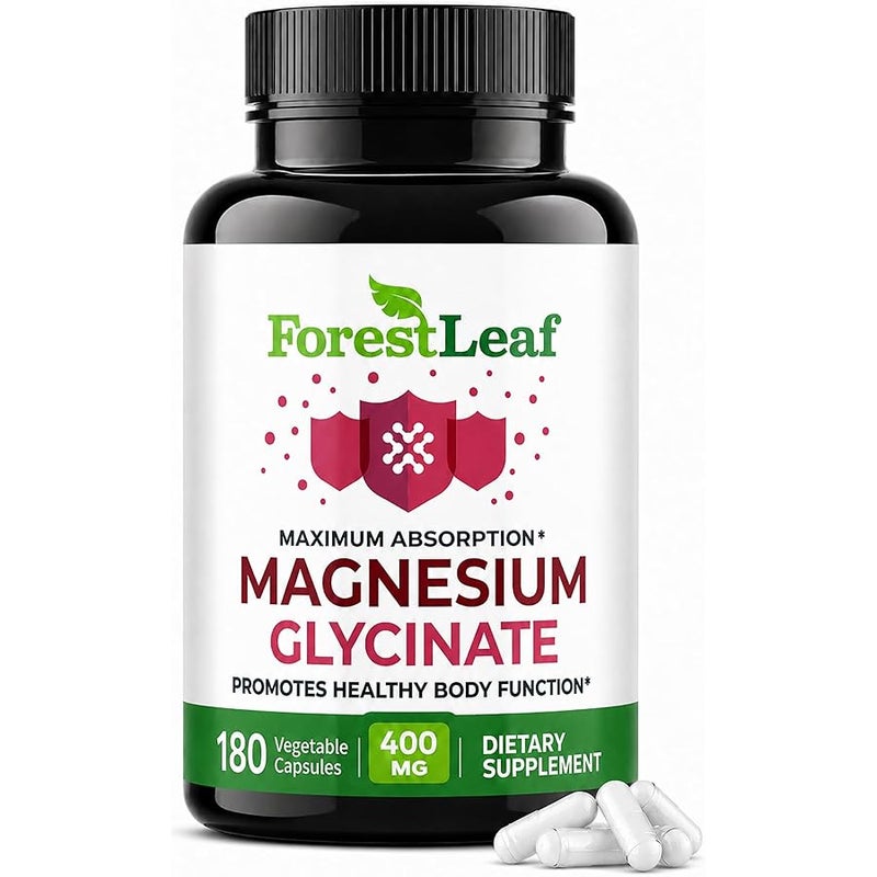ForestLeaf Pure Magnesium Glycinate 400mg Serving - High Absorption Magnesium Glycinate - Mag Bisglycinate for Stress, Bones, Muscles, Nerves, Relaxation & Heart Health, Non GMO & Gluten Free - 180 Capsules - Image 1