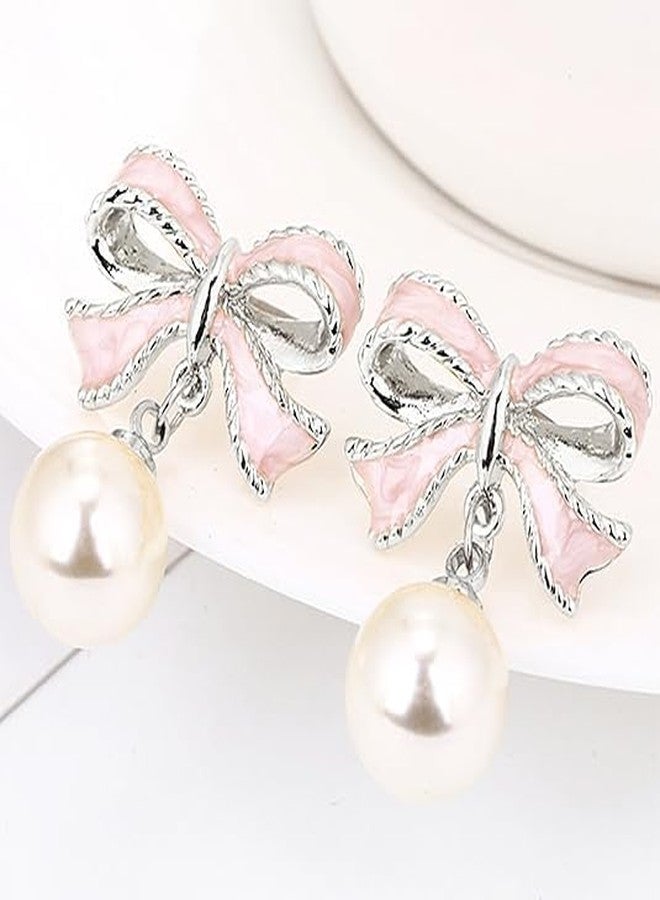 ecozran Gold Bow Earrings for Women, Long Tassel Chain Drop Earrings, Trendy Small Bow Earrings, Ribbon Waterfall Dangling Earrings, Pearl Bow Earrings, Sparkly Elegant Bowknot Preppy Jewelry Gifts for Women, - Image 2