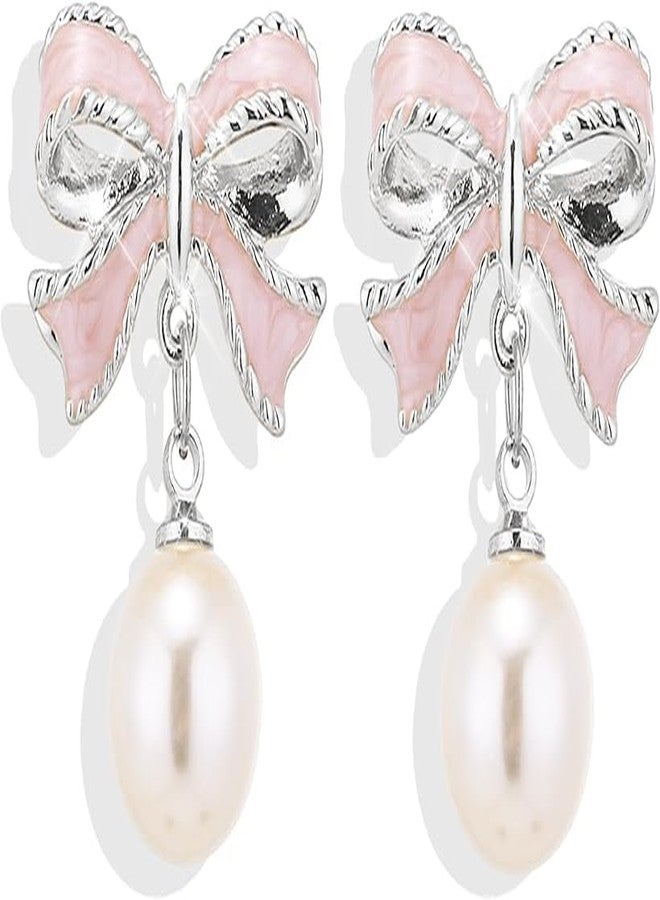 ecozran Gold Bow Earrings for Women, Long Tassel Chain Drop Earrings, Trendy Small Bow Earrings, Ribbon Waterfall Dangling Earrings, Pearl Bow Earrings, Sparkly Elegant Bowknot Preppy Jewelry Gifts for Women, - Image 1