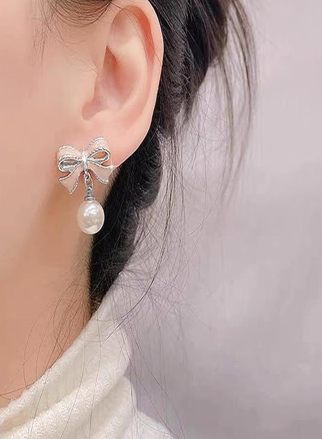 ecozran Gold Bow Earrings for Women, Long Tassel Chain Drop Earrings, Trendy Small Bow Earrings, Ribbon Waterfall Dangling Earrings, Pearl Bow Earrings, Sparkly Elegant Bowknot Preppy Jewelry Gifts for Women, - Image 4