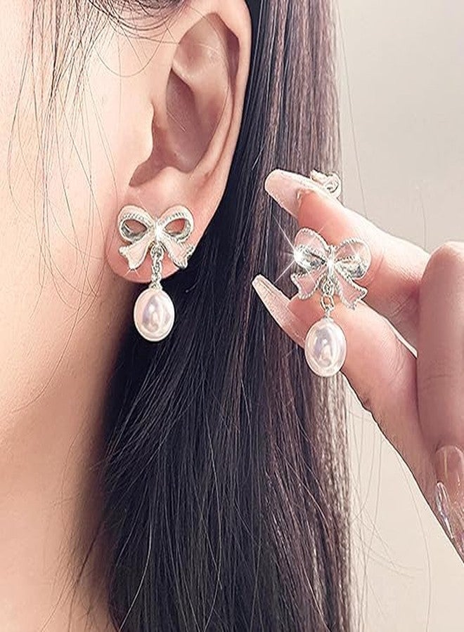 ecozran Gold Bow Earrings for Women, Long Tassel Chain Drop Earrings, Trendy Small Bow Earrings, Ribbon Waterfall Dangling Earrings, Pearl Bow Earrings, Sparkly Elegant Bowknot Preppy Jewelry Gifts for Women, - Image 3
