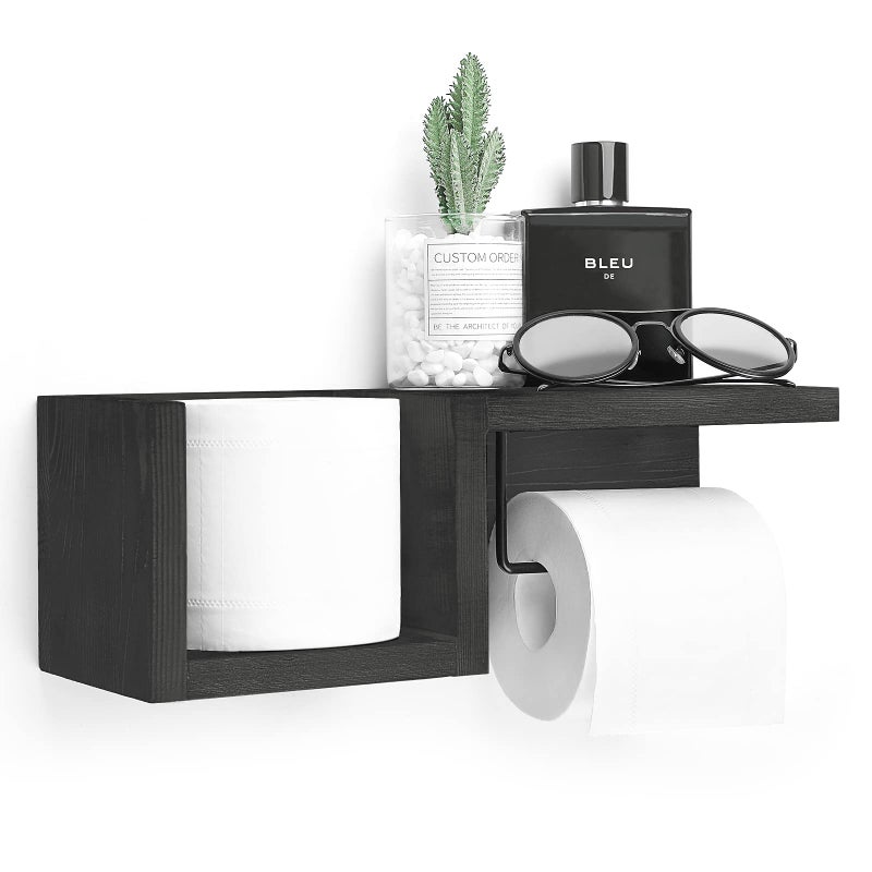 Wooden Black Toilet Paper Holder with Shelf Wall Mount Farmhouse Toilet Paper Holder Storage Rack for Tissue Rolls Rustic Bathroom Washroom Decor Black