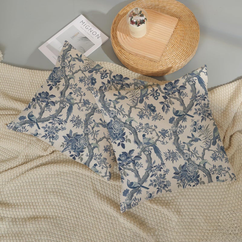 GOLIANDA Chinoiserie Floral Birds Pillow Covers 18x18 Set of 2 Blue and Cream Spring Flower Decoratiove Pillowcase Vintage Outdoor Decor Throw Pillows for Couch Farmhouse Cushion Case for Home Sofa - Image 5