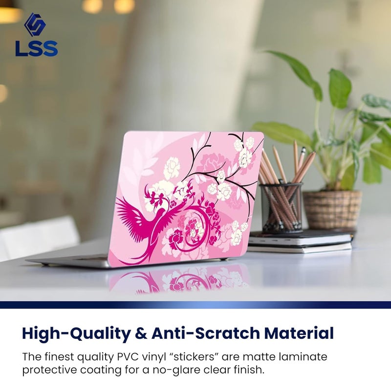 LSS 17 17.3 Inches Laptop Notebook Skin Sticker with 2 Wrist Pads - Reusable Cover Protector Vinyl Sticker Cover Decal Fits 17" - 19" HP Asus Acer Samsung - Pink Birds Floral Pattern - Image 4