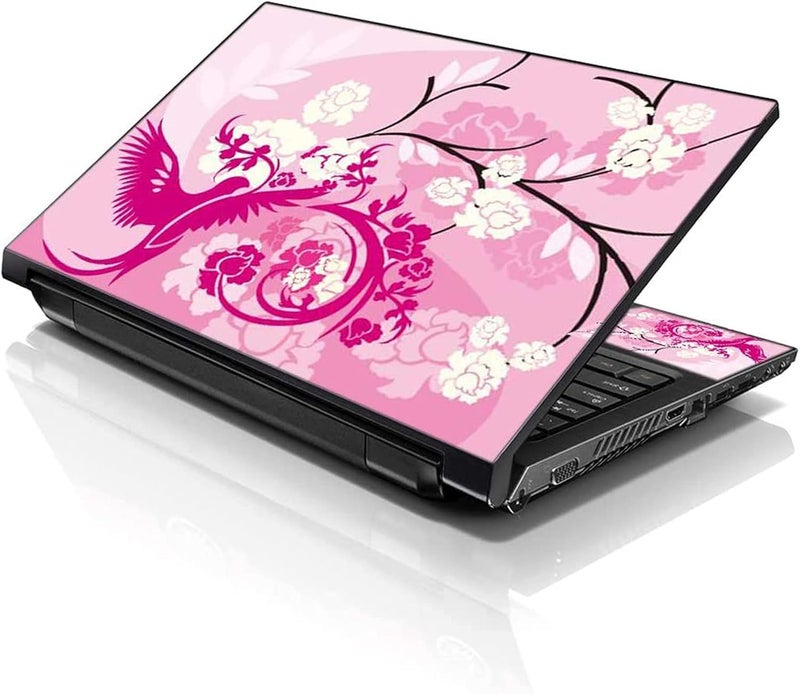 LSS 17 17.3 Inches Laptop Notebook Skin Sticker with 2 Wrist Pads - Reusable Cover Protector Vinyl Sticker Cover Decal Fits 17" - 19" HP Asus Acer Samsung - Pink Birds Floral Pattern - Image 1