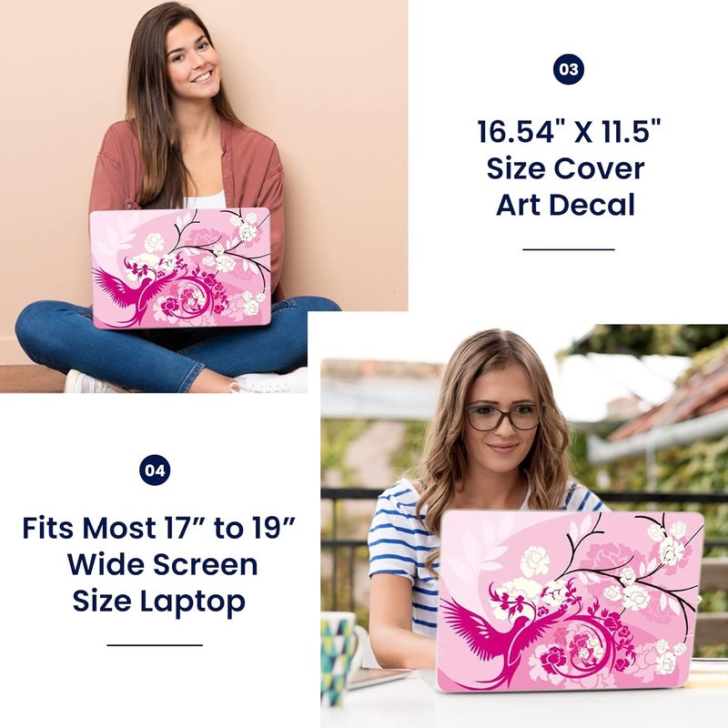 LSS 17 17.3 Inches Laptop Notebook Skin Sticker with 2 Wrist Pads - Reusable Cover Protector Vinyl Sticker Cover Decal Fits 17" - 19" HP Asus Acer Samsung - Pink Birds Floral Pattern - Image 3