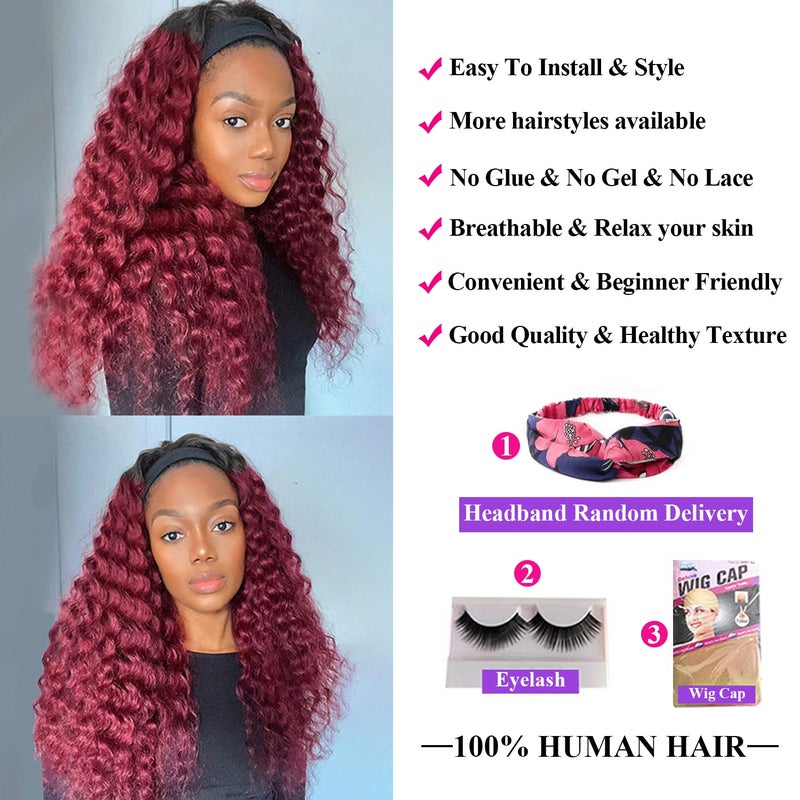Aiterina Headband Wig deep wave human hair wigs for Black Women Brazilian Remy Hair Glueless Non Lace Front Wig 150% Density (12 inch, 1B/99J) - Image 5