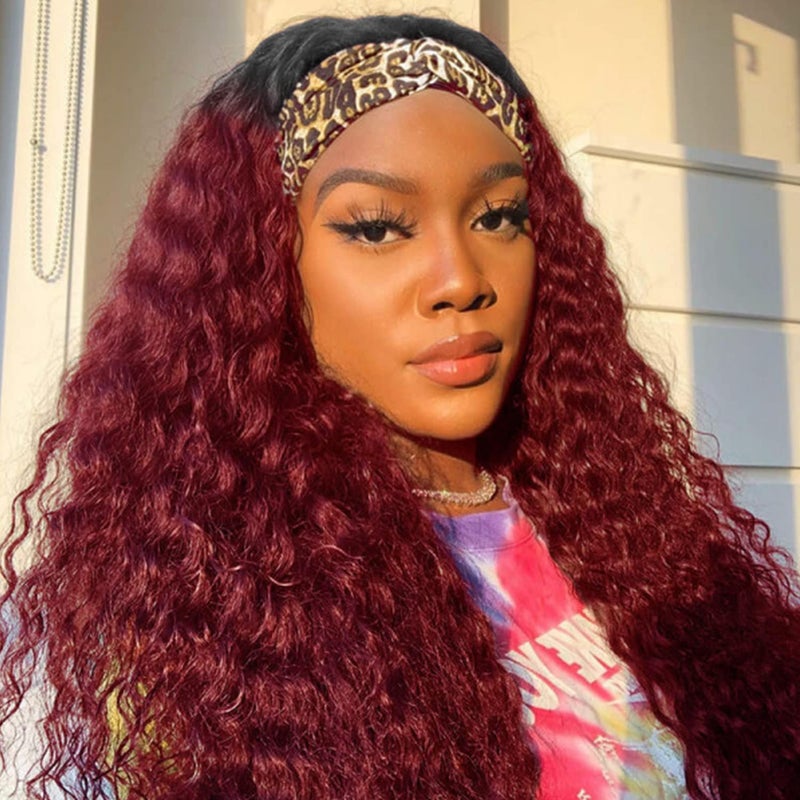 Aiterina Headband Wig deep wave human hair wigs for Black Women Brazilian Remy Hair Glueless Non Lace Front Wig 150% Density (12 inch, 1B/99J) - Image 4