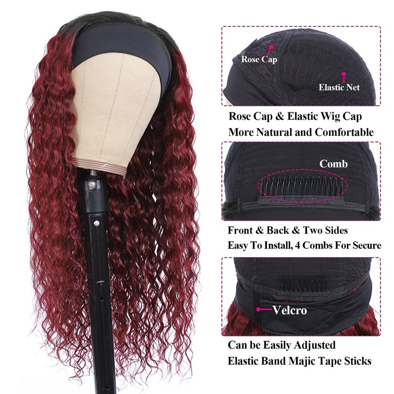 Aiterina Headband Wig deep wave human hair wigs for Black Women Brazilian Remy Hair Glueless Non Lace Front Wig 150% Density (12 inch, 1B/99J) - Image 3