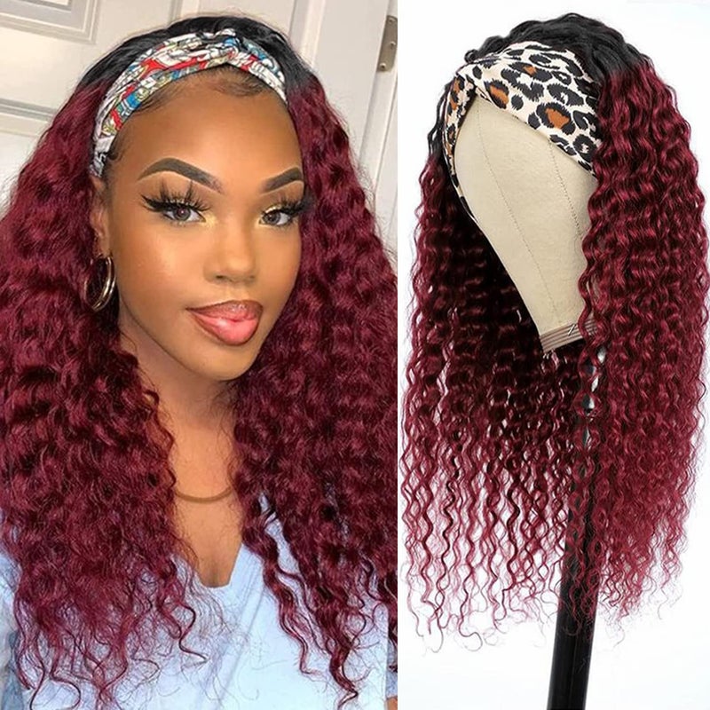 Aiterina Headband Wig deep wave human hair wigs for Black Women Brazilian Remy Hair Glueless Non Lace Front Wig 150% Density (12 inch, 1B/99J) - Image 1