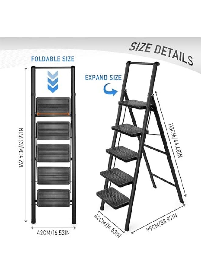 5-Step Foldable Step Ladder, Heavy-Duty Metal, Anti-Slip Pedals & Space-Saving Design - Image 2