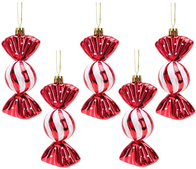 PACK OF 5110MM LARGE SWEET SHAPED BAUBLES SHINY GLITTER DECORATED CHRISTMAS BAUBLES RED