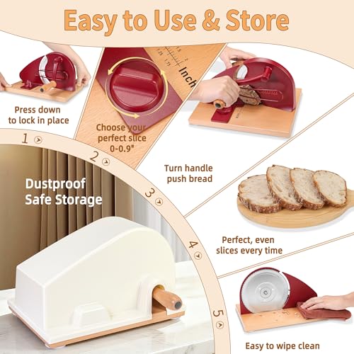 CAWIU Upgraded Manual Bread Slicer for Homemade Sourdough Bread - Adjustable Thickness Bread Cutter with Hand Crank, Suction Cups, Slicing Guide, Scale Line & Cover, for Perfect Even Slices (Red) - Image 5