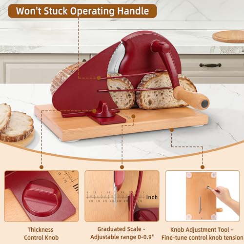 CAWIU Upgraded Manual Bread Slicer for Homemade Sourdough Bread - Adjustable Thickness Bread Cutter with Hand Crank, Suction Cups, Slicing Guide, Scale Line & Cover, for Perfect Even Slices (Red) - Image 3