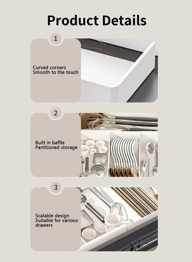 Aikenn Telescopic Cutlery Storage Box Expandable Cutlery Tray Kitchen Drawer Storage Box Drawer Organizer Kitchen Storage Tray Removable Tray Household Partition Cutlery Box 3 Compartments And 4 Sides Retractable Multiple Combinations (White)  - Image 3