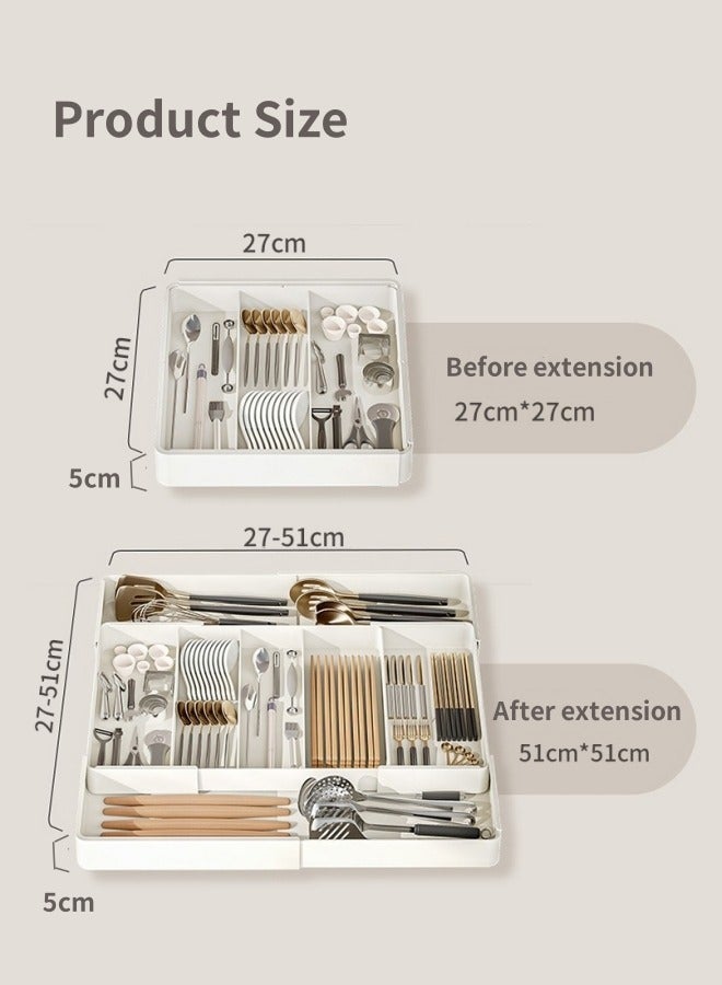 Aikenn Telescopic Cutlery Storage Box Expandable Cutlery Tray Kitchen Drawer Storage Box Drawer Organizer Kitchen Storage Tray Removable Tray Household Partition Cutlery Box 3 Compartments And 4 Sides Retractable Multiple Combinations (White)  - Image 2