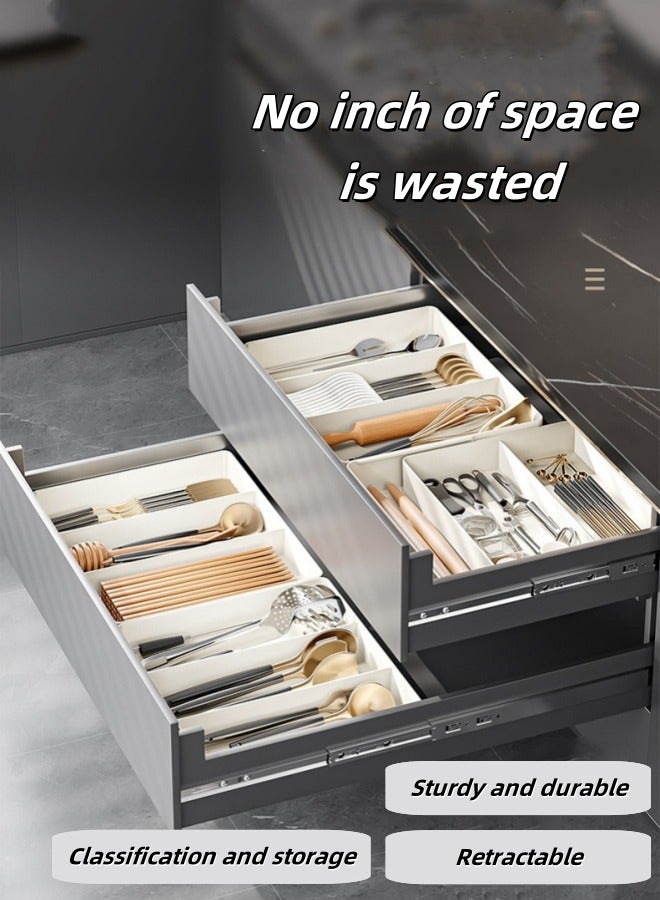 Aikenn Telescopic Cutlery Storage Box Expandable Cutlery Tray Kitchen Drawer Storage Box Drawer Organizer Kitchen Storage Tray Removable Tray Household Partition Cutlery Box 3 Compartments And 4 Sides Retractable Multiple Combinations (White)  - Image 4