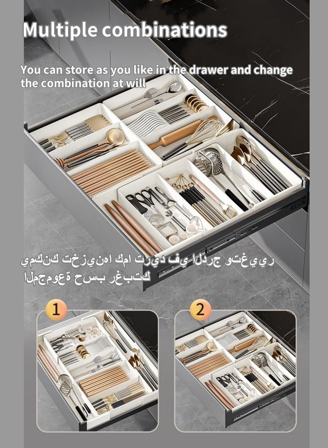 Aikenn Telescopic Cutlery Storage Box Expandable Cutlery Tray Kitchen Drawer Storage Box Drawer Organizer Kitchen Storage Tray Removable Tray Household Partition Cutlery Box 3 Compartments And 4 Sides Retractable Multiple Combinations (White)  - Image 5