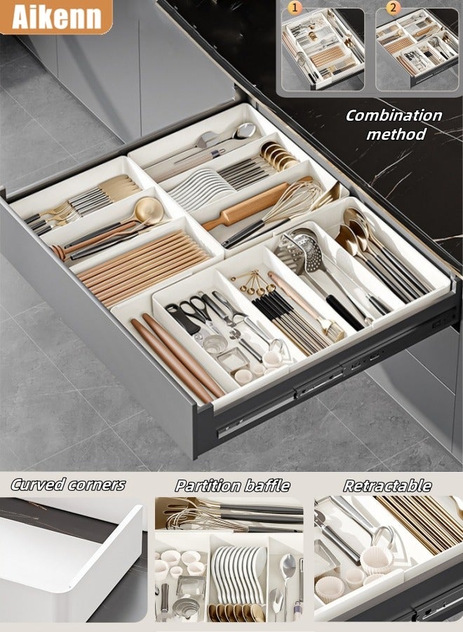 Aikenn Telescopic Cutlery Storage Box Expandable Cutlery Tray Kitchen Drawer Storage Box Drawer Organizer Kitchen Storage Tray Removable Tray Household Partition Cutlery Box 3 Compartments And 4 Sides Retractable Multiple Combinations (White)  - Image 1