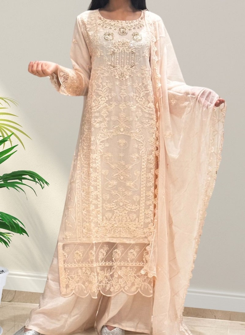 Winchell's Pakistani Embroidered Pure Chiffon Shirt & Dupatta with Raw Silk Trousers- Beige - Medium - Image 2
