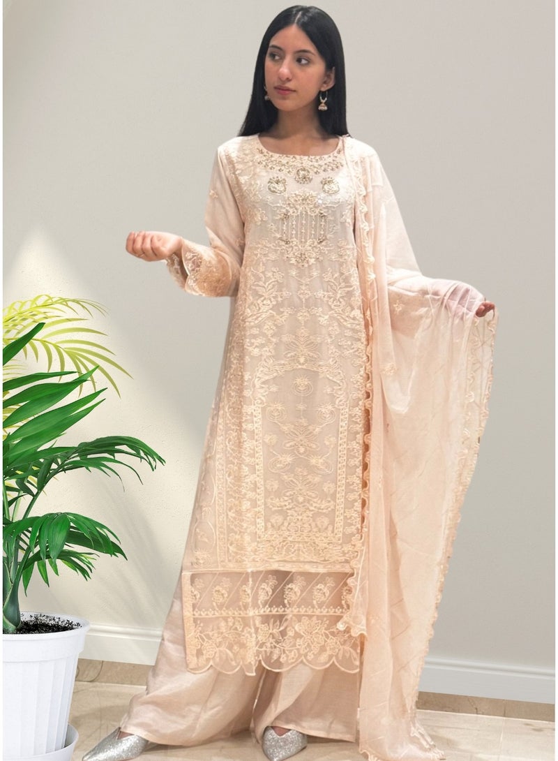Winchell's Pakistani Embroidered Pure Chiffon Shirt & Dupatta with Raw Silk Trousers- Beige - Medium - Image 1