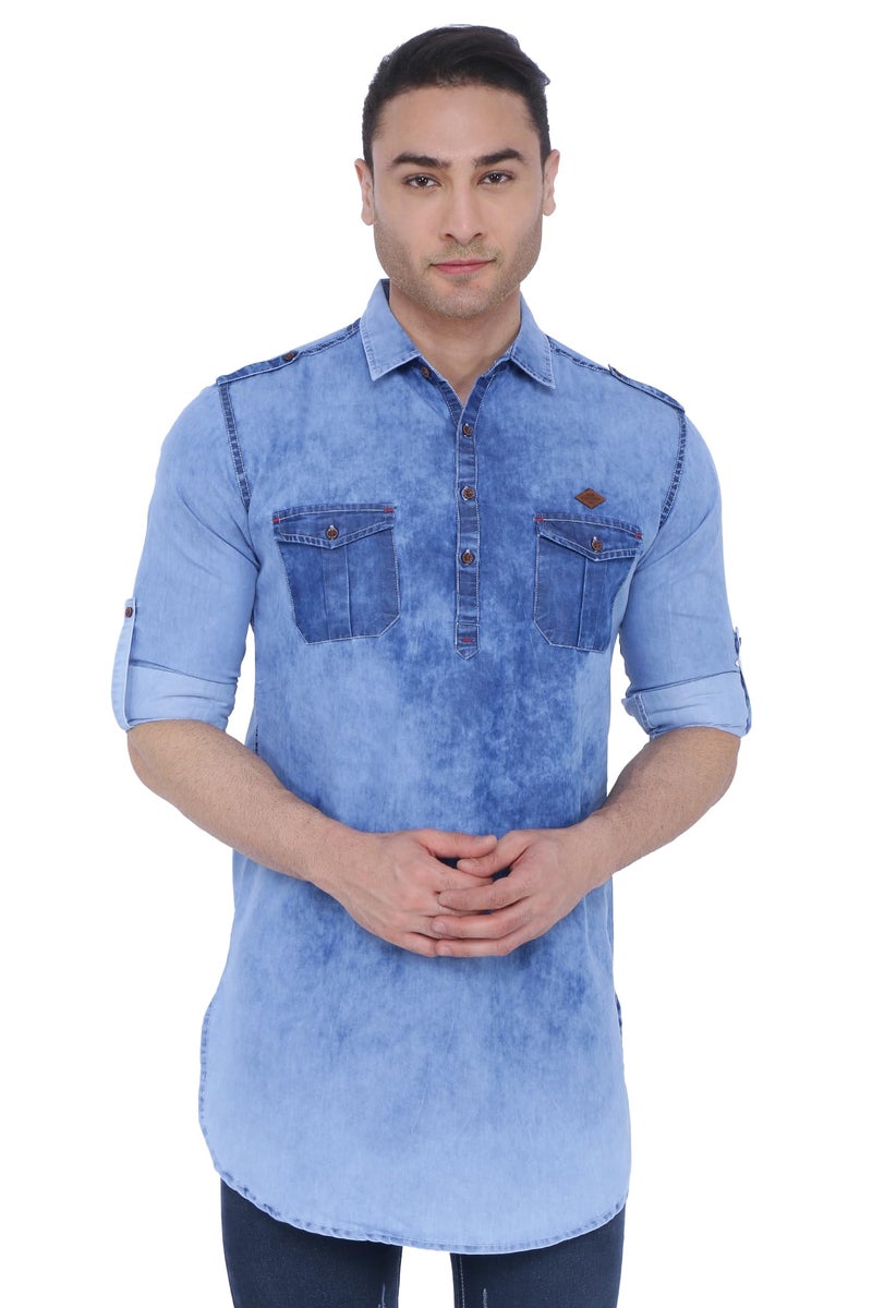 Kuons Avenue Men's Blue Cloud Tailored Fit Denim Short Pathani Kurta | Collar Kurta for Men (KACLFS1345XXL_Blue Cloud_XX-Large) - Image 1