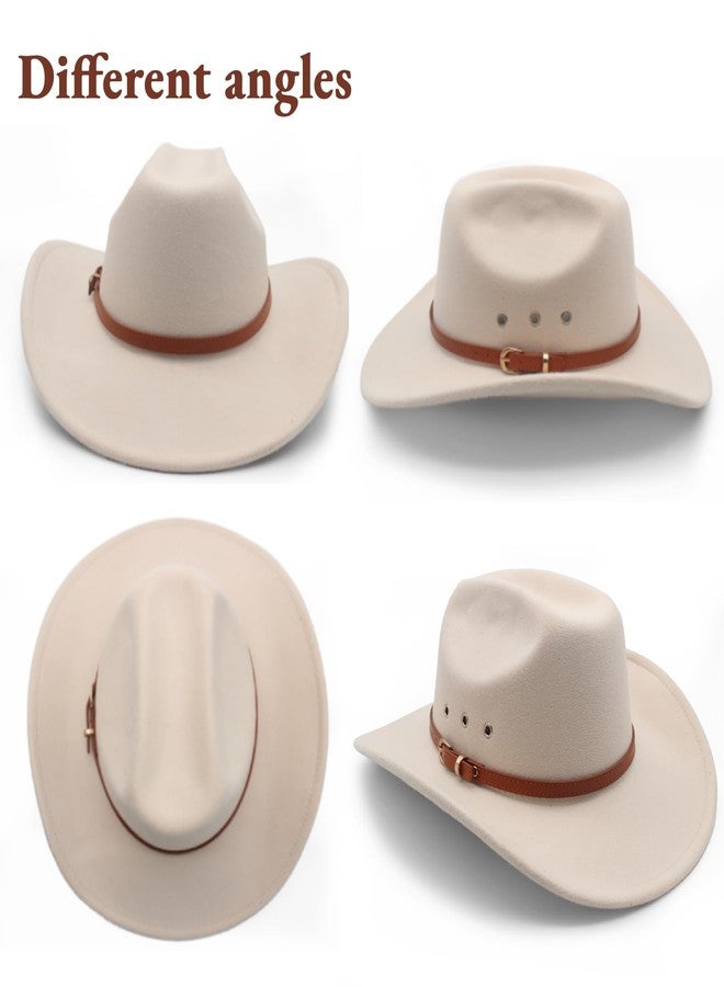 LIDHAY Cowboy Hat for Women and Men Felt Wide Brim Classic Outdoor Fedora Hats Western Cowboy Cowgirl Hats with Belt Buckle 3 Beige - Image 4