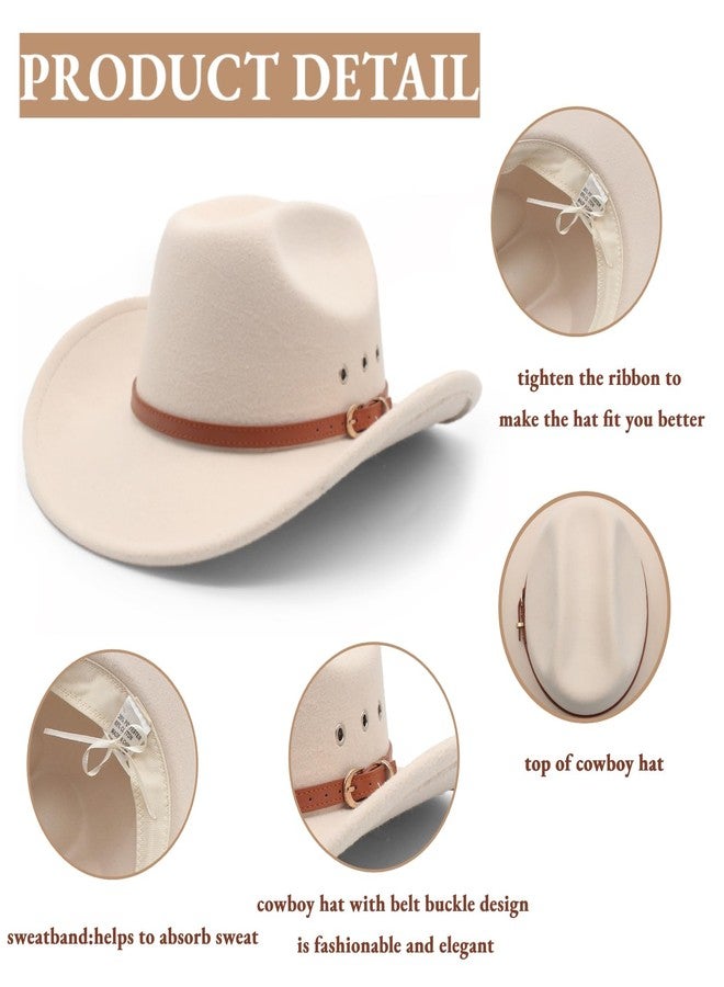 LIDHAY Cowboy Hat for Women and Men Felt Wide Brim Classic Outdoor Fedora Hats Western Cowboy Cowgirl Hats with Belt Buckle 3 Beige - Image 3