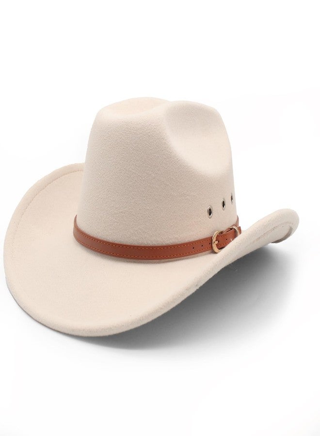 LIDHAY Cowboy Hat for Women and Men Felt Wide Brim Classic Outdoor Fedora Hats Western Cowboy Cowgirl Hats with Belt Buckle 3 Beige - Image 1