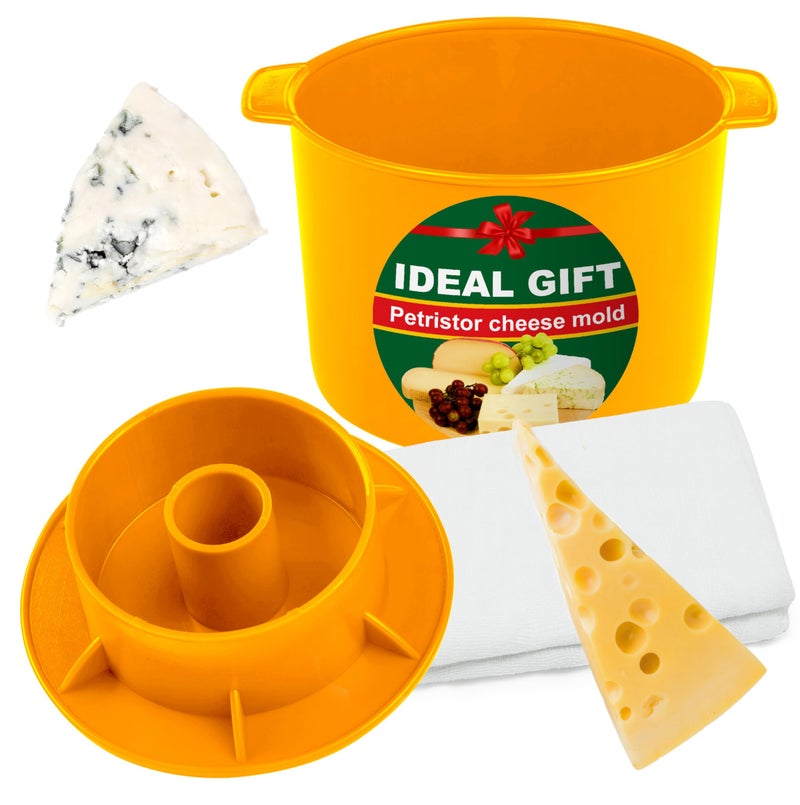 PetriStor Cheese Mold for Cheese Making Cheese with Follower 12 gal Yello and Cotton Cheesecloth Cheesemaking Supplies Cheese Form Mold Cheese Making Basket Molde Para Queso Casero Cheese Press