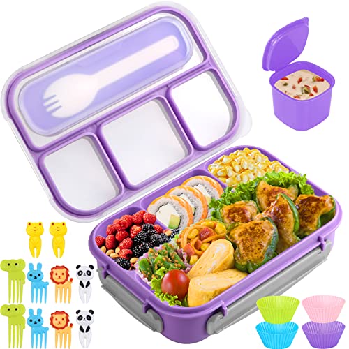 Yumuk Bento Box, Lunch Box Kids, 1300ML with 4 Compartment&Food Picks Cake Cups, Containers for Adults/Kids/Toddler, Leak-Proof, Microwave/Dishwasher/Freezer Safe(Purple) - Image 1