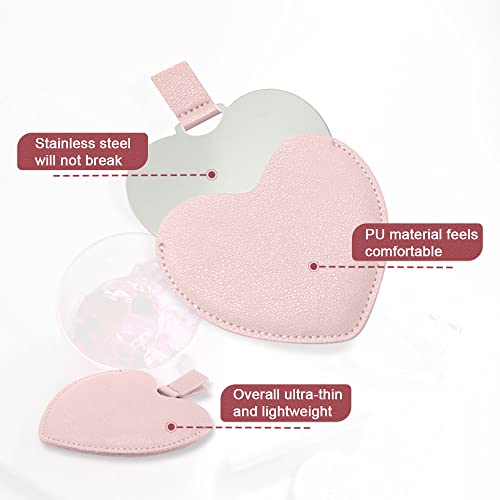 SNOMEL Compact Stainless Steel Mirror, Heart Shaped Shatterproof Pocket Mirror with PU Leather Sleeve, Mini Unbreakable Purse Mirror Portable for Travel Makeup Bag, for Women Girls, Pink - Image 4