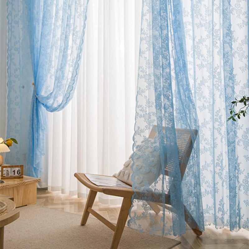 Deeprove Blue Lace Sheer Curtains 96 inches Long 2 Panels Set  Rose Florals Embroidery Privacy Window Treatment Pair Drapes forShabby Chic Victorian Decor  Rod Pocket  W57 x L96 - Image 1