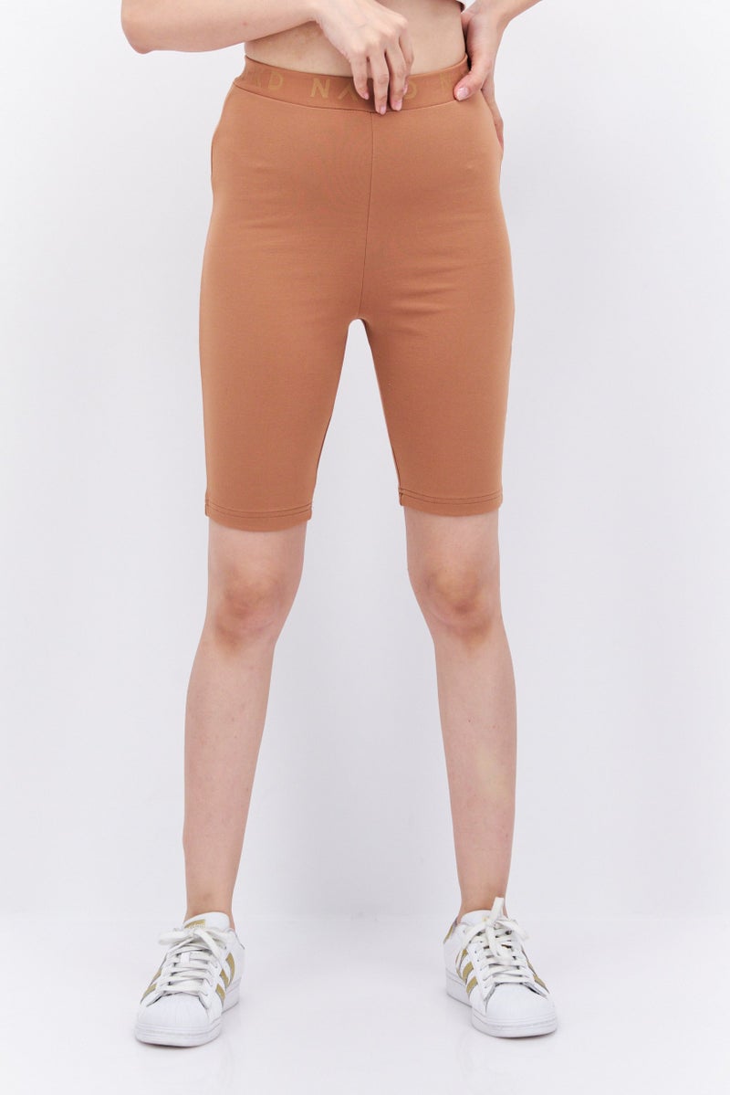 NA-KD Women Brand Logo Slim  Shorts, Brown - Image 1