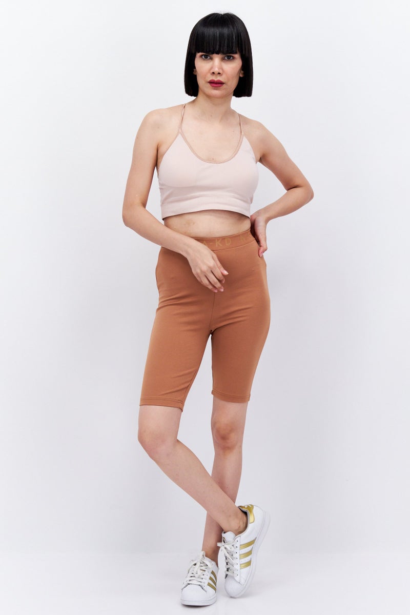 NA-KD Women Brand Logo Slim  Shorts, Brown - Image 3