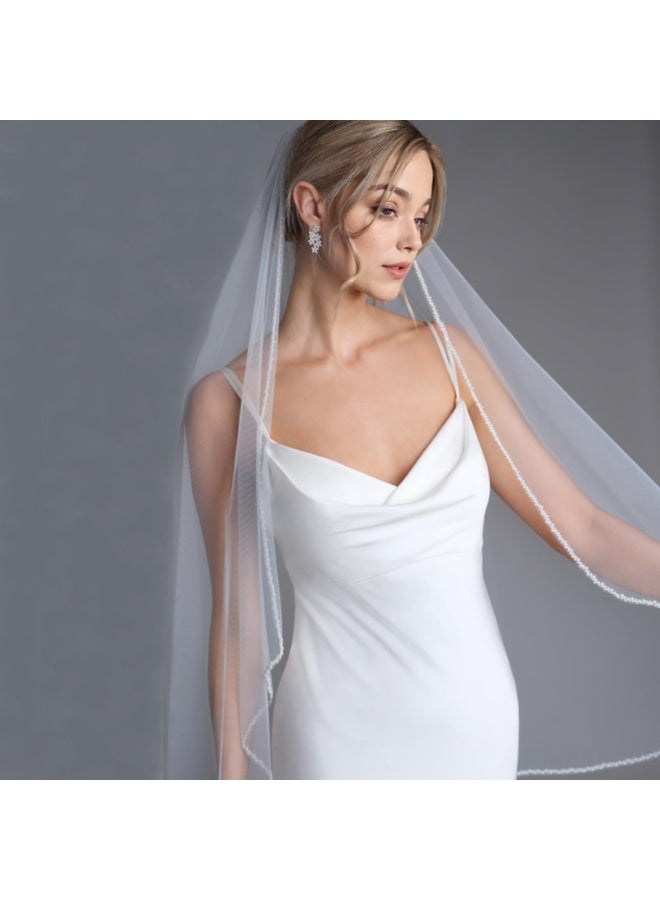 Wedding Veil Pearls and Crystals Beaded Edge 1 Tier Fingertip Long Bridal Veil Pearl Wrap Veil Party Beaded Veil White, One Size - Image 5