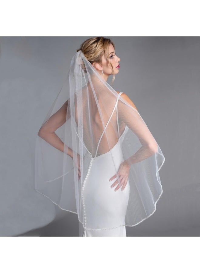 Wedding Veil Pearls and Crystals Beaded Edge 1 Tier Fingertip Long Bridal Veil Pearl Wrap Veil Party Beaded Veil White, One Size - Image 4