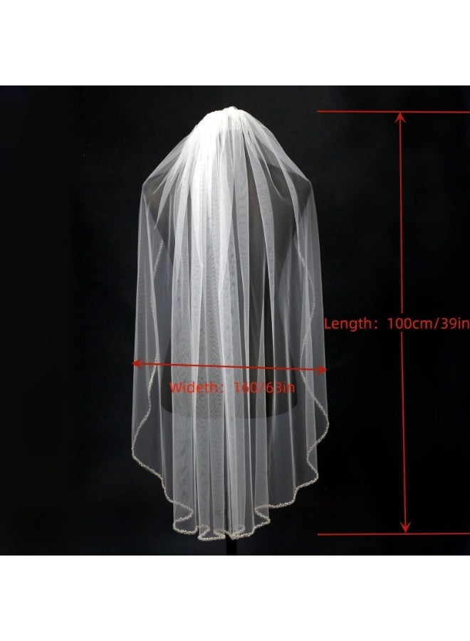 Wedding Veil Pearls and Crystals Beaded Edge 1 Tier Fingertip Long Bridal Veil Pearl Wrap Veil Party Beaded Veil White, One Size - Image 2