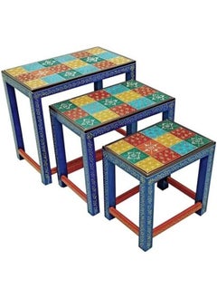 QUESERA Wooden Nesting Stool | Wooden Side Table | Wooden Stool Set of 3 pcs | Traditional Multicolor Hand Painted Stool Set of 3 pcs  - Image 2