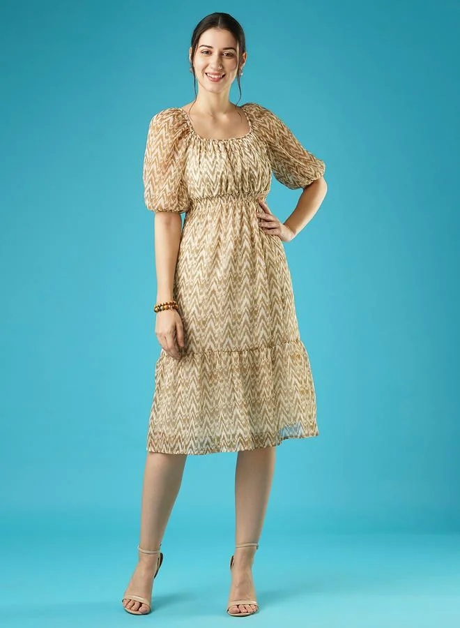 globus Globus All-Over Print Square Neck Puff Sleeves Tie-Up Midi Dress