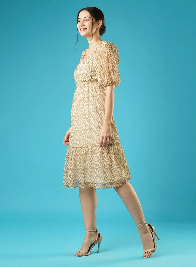 globus Globus All-Over Print Square Neck Puff Sleeves Tie-Up Midi Dress