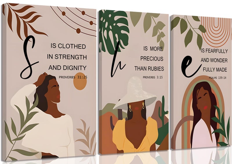 ANVOTIG Framed Black Woman Bible Verses Wall Art Set of 3 Boho African American Christian Scripture Decor with Inspirational Quotes, Proverbs Prints for Women Prayer Room Office Home 12x16 Inch - Image 1