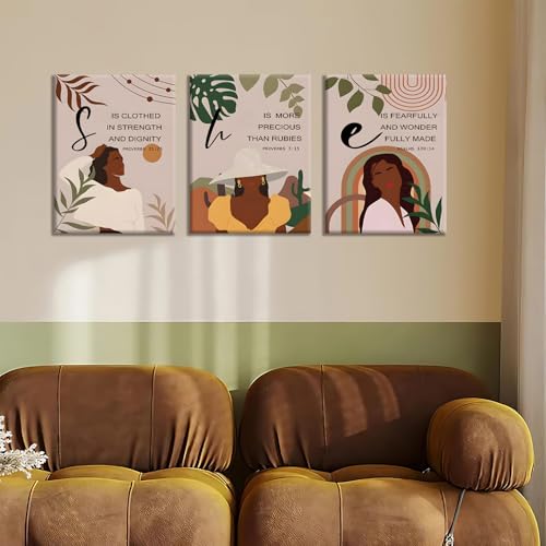 ANVOTIG Framed Black Woman Bible Verses Wall Art Set of 3 Boho African American Christian Scripture Decor with Inspirational Quotes, Proverbs Prints for Women Prayer Room Office Home 12x16 Inch - Image 4