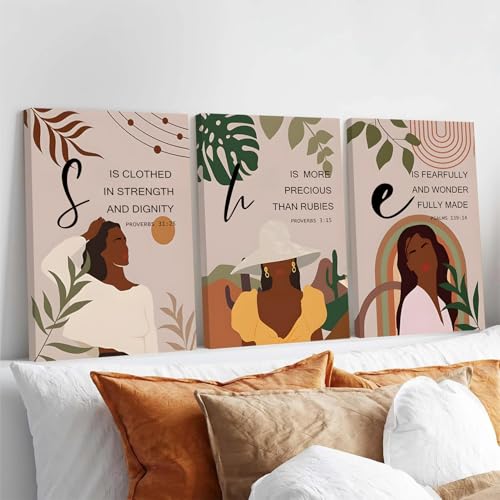 ANVOTIG Framed Black Woman Bible Verses Wall Art Set of 3 Boho African American Christian Scripture Decor with Inspirational Quotes, Proverbs Prints for Women Prayer Room Office Home 12x16 Inch - Image 2