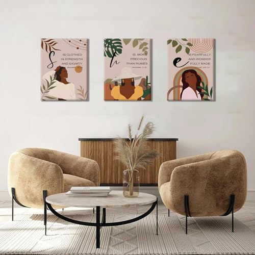 ANVOTIG Framed Black Woman Bible Verses Wall Art Set of 3 Boho African American Christian Scripture Decor with Inspirational Quotes, Proverbs Prints for Women Prayer Room Office Home 12x16 Inch - Image 5