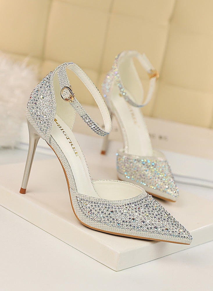 BIGTREE 10cm Women's Sandals With Sparkling Rhinestones With High Heels And Shallow Cut Points White  - Image 1